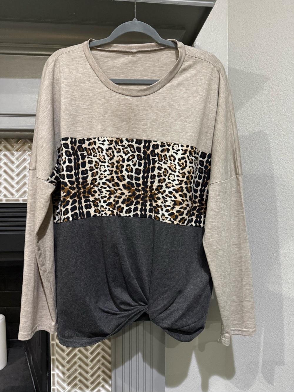 Beige & Charcoal Leopard-Accent Long Sleeve Top